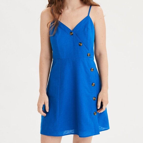 American Eagle AE | Cobalt Blue Asymmetric Button Front Dress - Picture 1 of 7